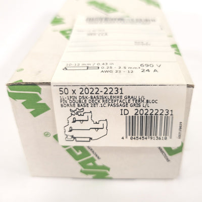 New Box Of 50 Wago 2022-2231 Double Deck 1-Conductor/1-Pin Terminal Blocks 35mm DIN