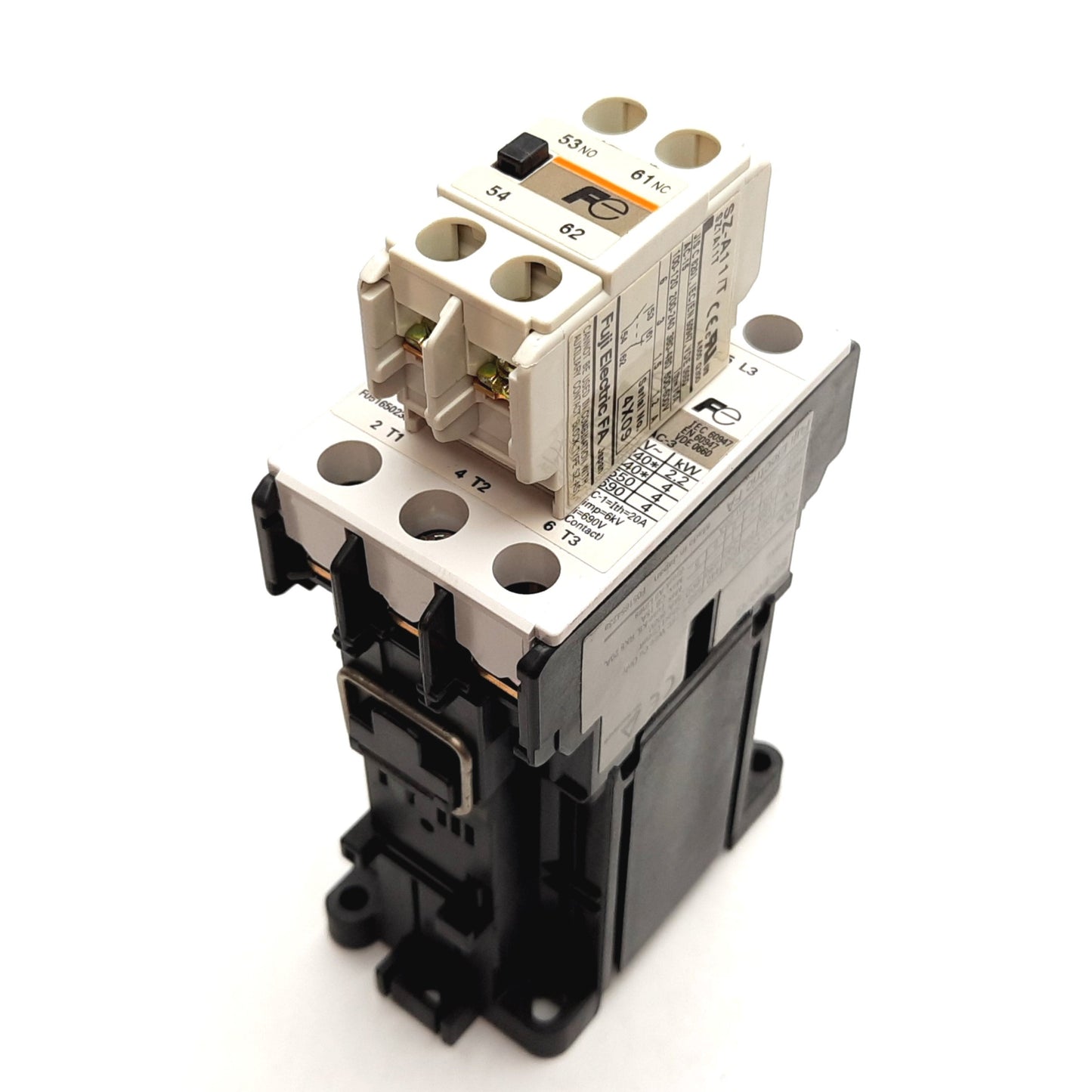 Used Fuji SC-E02/G Contactor, 3-Pole, 24VDC Coil, 600V 20A w/ SZ-A11/T Aux 1NO-1NC
