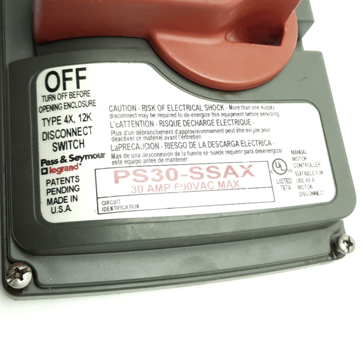 Used Pass & Seymour PS30-SSAX Safety Switch Cover 30A 600V AC, 4X 12X, *COVER ONLY*