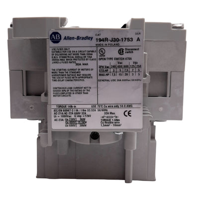 Used Allen Bradley 194R-J30-1753 Rotary Disconnect Switch, Class J Type HRCI-J, 30A