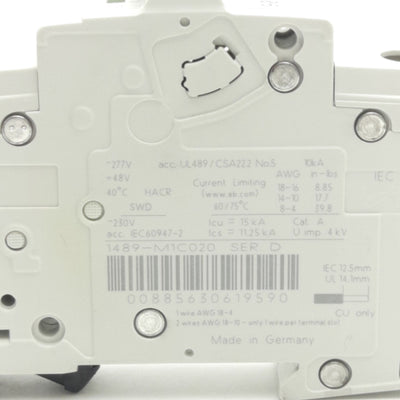 Used Allen Bradley 1489-M1C020 Thermal-Magnetic Circuit Breaker, 230 VAC, 2 A, 1-Pole