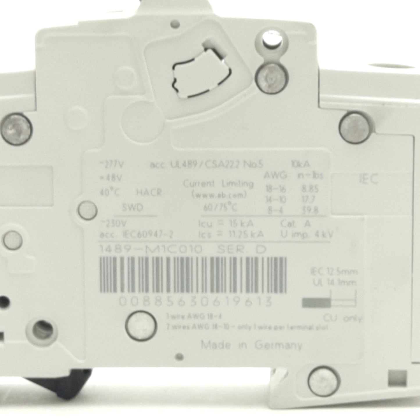 Used Allen Bradley 1489-M1C010 Thermal-Magnetic Circuit Breaker, 230 VAC, 1 A, 1-Pole