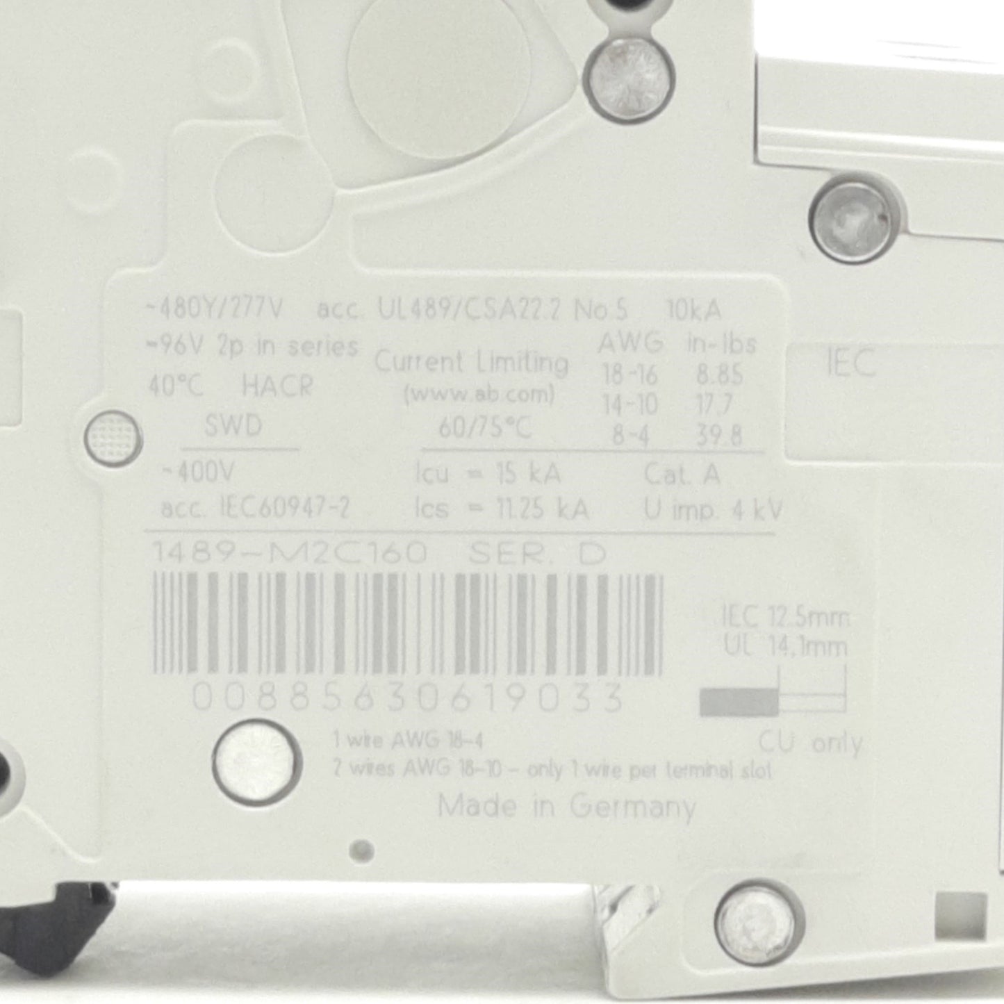 Used Allen Bradley 1489-M2C160 Thermal-Magnetic Circuit Breaker, 400VAC, 16 A, 2-Pole