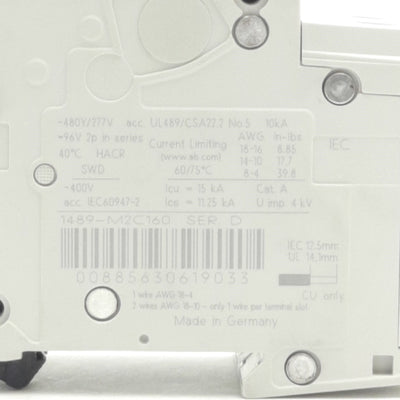 Used Allen Bradley 1489-M2C160 Thermal-Magnetic Circuit Breaker, 400VAC, 16 A, 2-Pole
