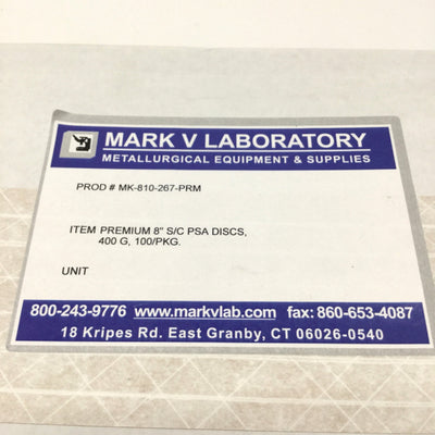 New Mark V Laboratory MK-810-267-PRM Silicon Carbide PSA Disc 400 Grit, Ø8", 100/pkg