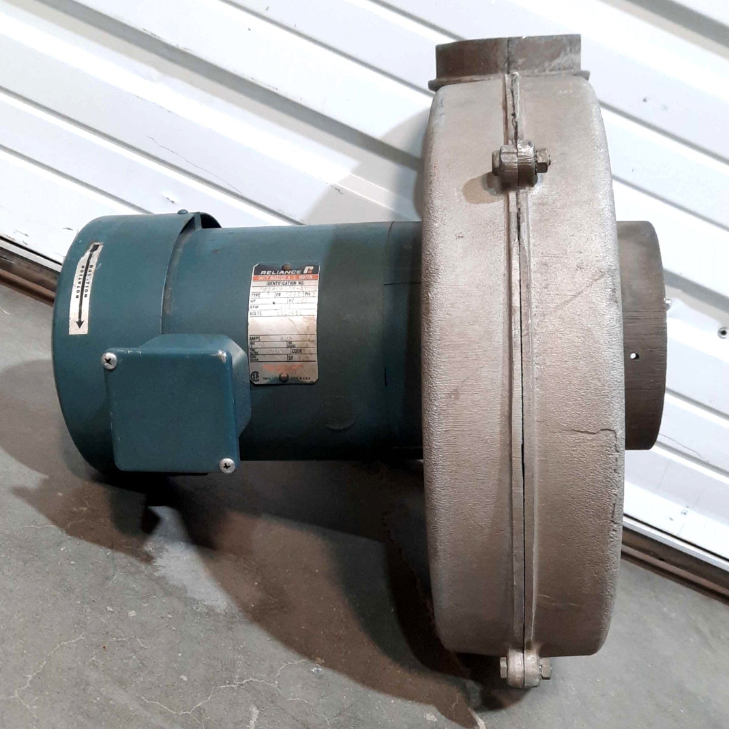 Used No. 10 Aluminum Pressure Blower 10" Fan 4" Out w/Reliance Motor 1HP 3PH 230/460V
