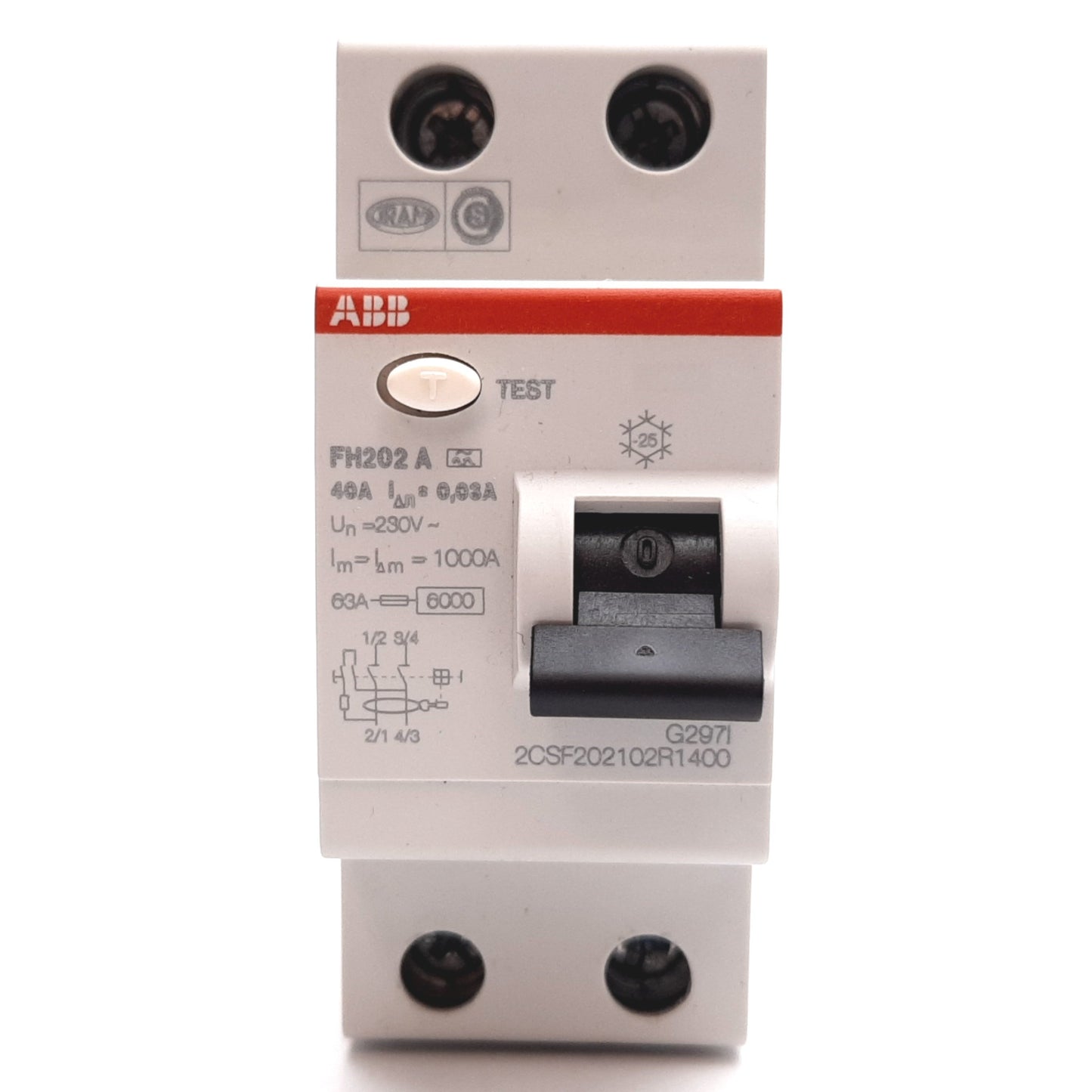 Used ABB FH202 A-40/0.03 Circuit Breaker, 2-Pole, Rating: 40A 230VAC, DIN Rail Mount