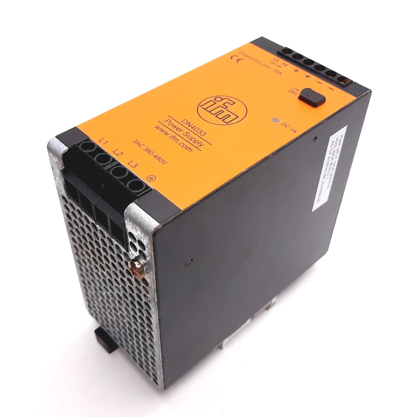 Used IFM DN4033 Power Supply, Input: 3-Phase 380-480VAC 0.9A, Output: 24VDC 10A 240W