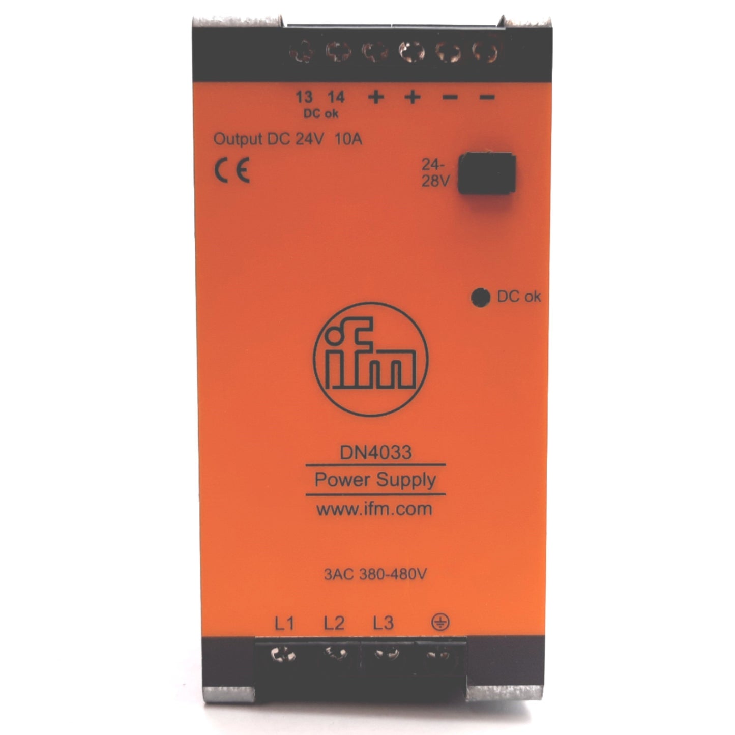 Used IFM DN4033 Power Supply, Input: 3-Phase 380-480VAC 0.9A, Output: 24VDC 10A 240W