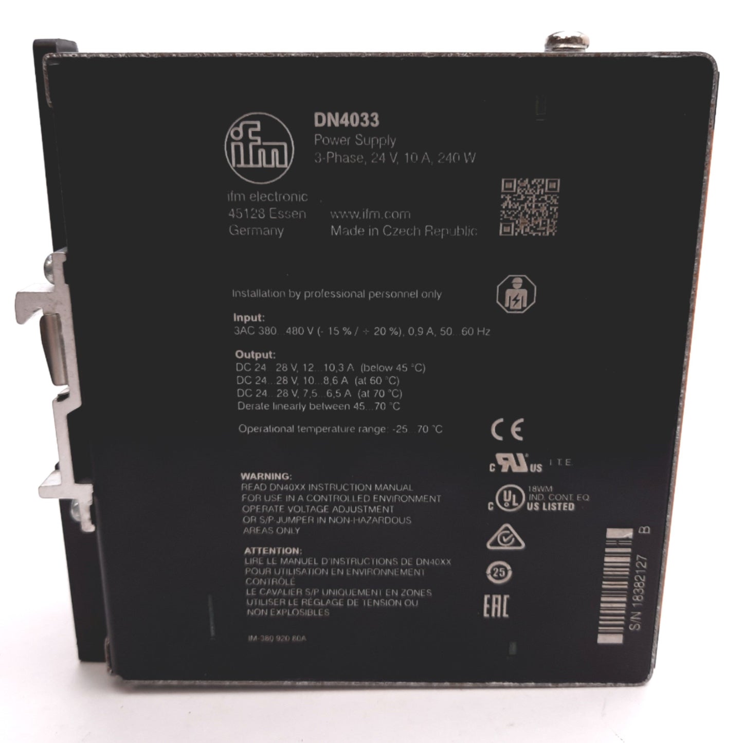 Used IFM DN4033 Power Supply, Input: 3-Phase 380-480VAC 0.9A, Output: 24VDC 10A 240W