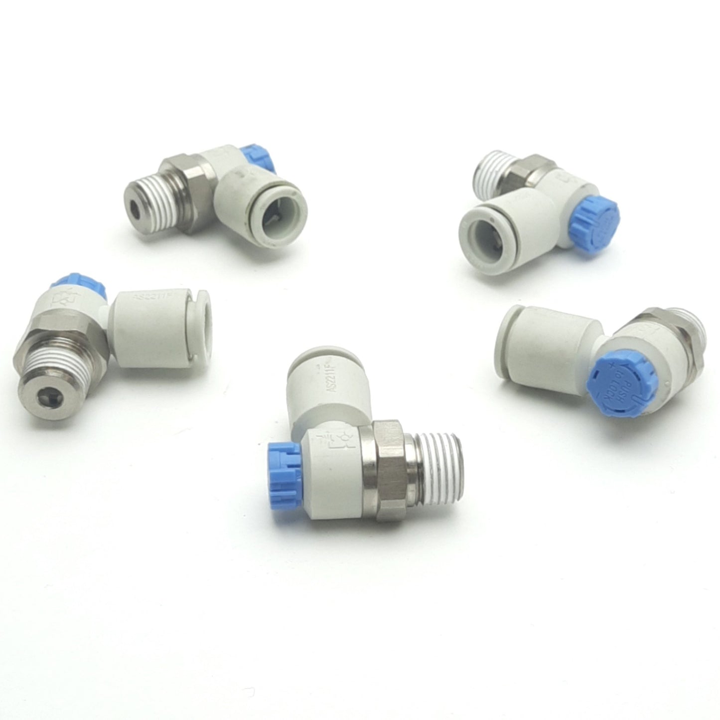 Used Lot of 5 SMC AS2211F-02-10S Flow Control Fitting, 10mm P2C, 1.5MPa Proof, 1MPa
