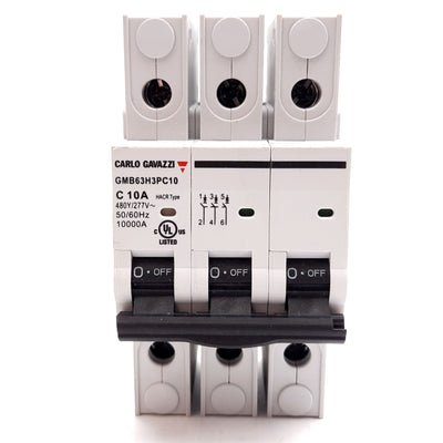 New Carlo Gavazzi GMB63H3PC10 Circuit Breaker, 3-Pole, C-Curve, 10A 480Y/277VAC