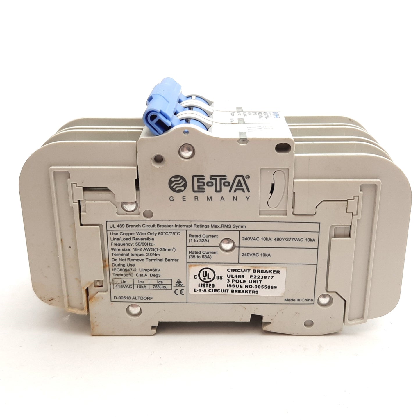 Used ETA 4230-T130-K0DU-10A Circuit Breaker, 3-Pole, D-Curve, Rating: 10A 415VAC