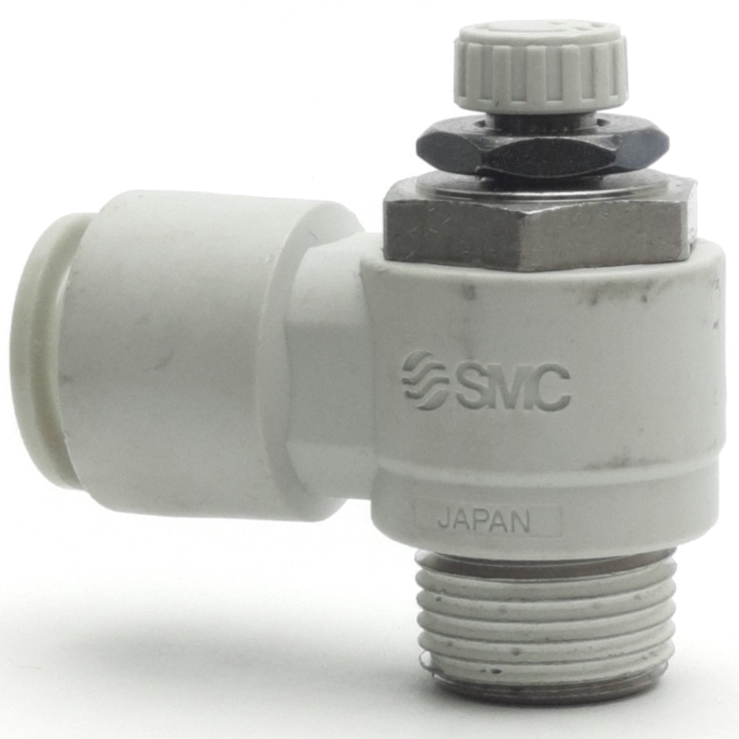 Used Lot of 4 SMC AS3211F-N03-12S Flow Control Fitting, 12mm P2C, 3/8" NPT, 1 MPa