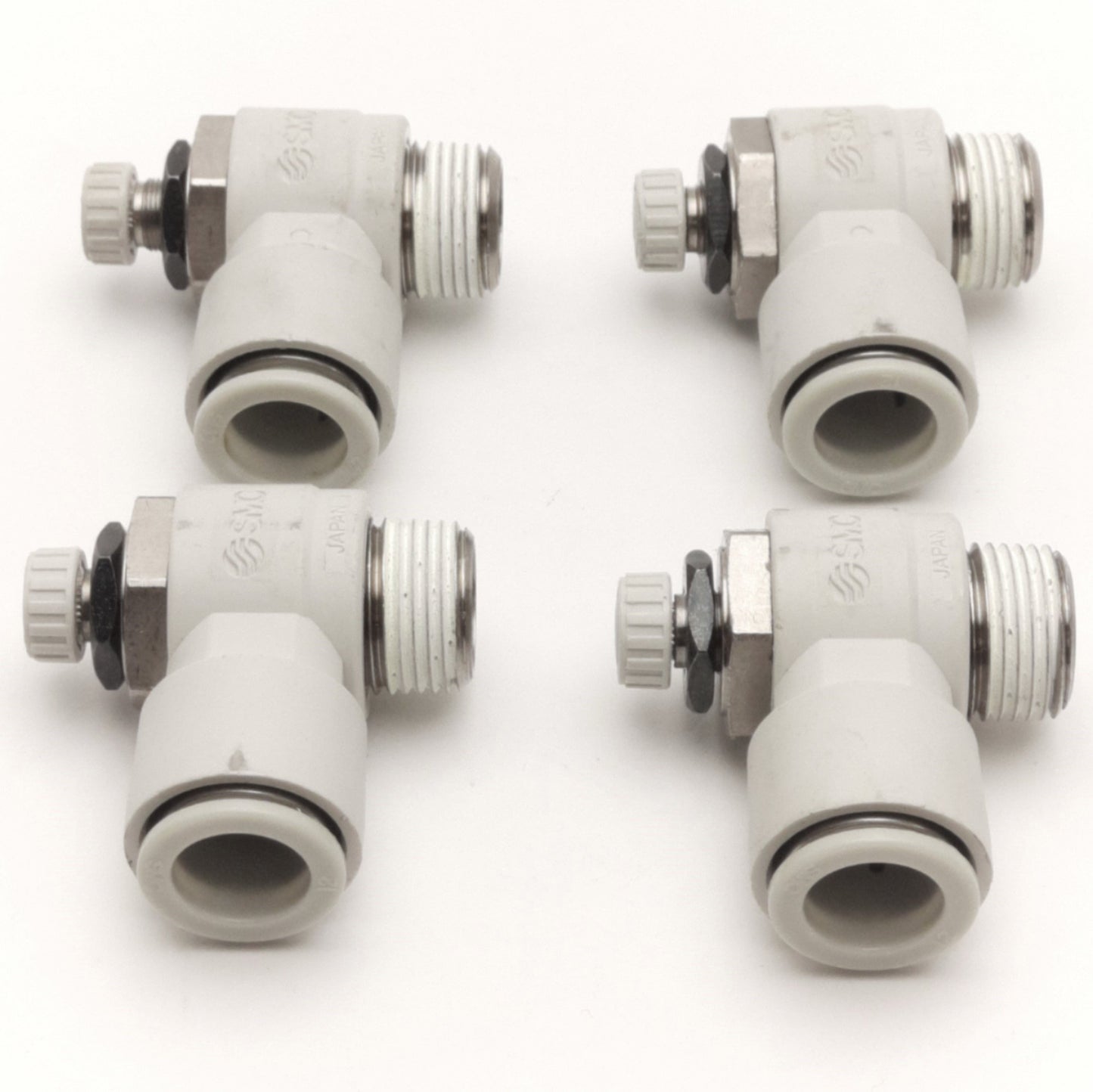 Used Lot of 4 SMC AS3211F-N03-12S Flow Control Fitting, 12mm P2C, 3/8" NPT, 1 MPa