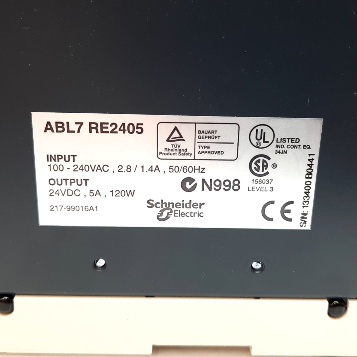 Used Telemecanique ABL7 RE2405 Power Supply, Input 100-240VAC, Output 24VDC 5A 120W