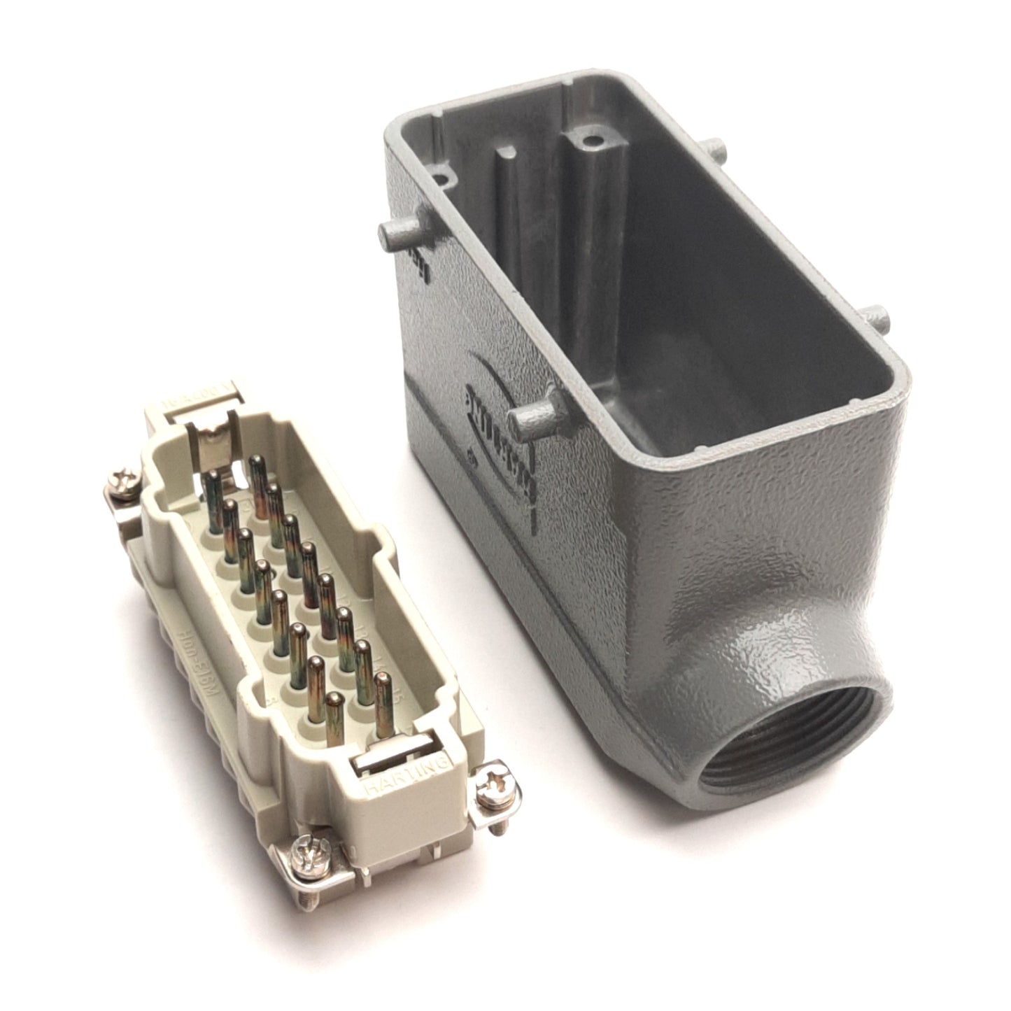Used Harting HAN-E16M Male HDC Insert W/ 90° Housing, 16-Pos, 500V 16A, 09330162601