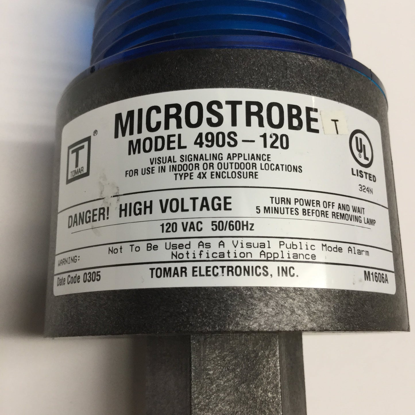 Used Tomar 490S-120 Microstrobe Signal Light, Single Flash 60-80/min, 120VAC, Blue