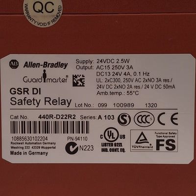 Used Allen Bradley 440R-D22R2 Guardmaster GSR DI Dual-Channel Input Safety Mat Relay