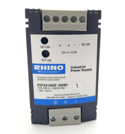 Used Automation Direct PSP24-060S Rhino Power Supply, In: 100-240VAC, Out: 24VDC 2.5A