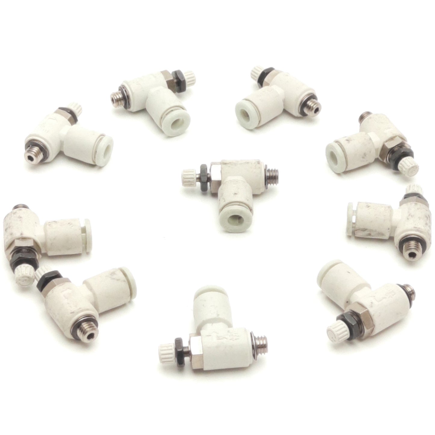 Used Lot of 10 SMC AS1211F-M5-04 Pneumatic Air Flow Control Elbow Valve 4mm OD