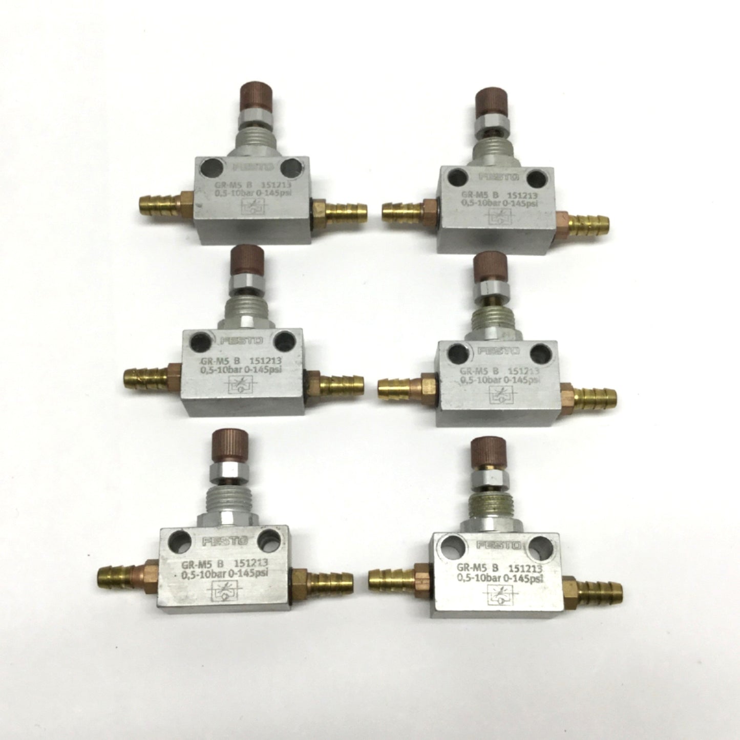 Used Lot of 6 Festo GR-M5-B 151213 Flow Control Valve, 0.1-15bar, M5 Ports (w/ Barbs)