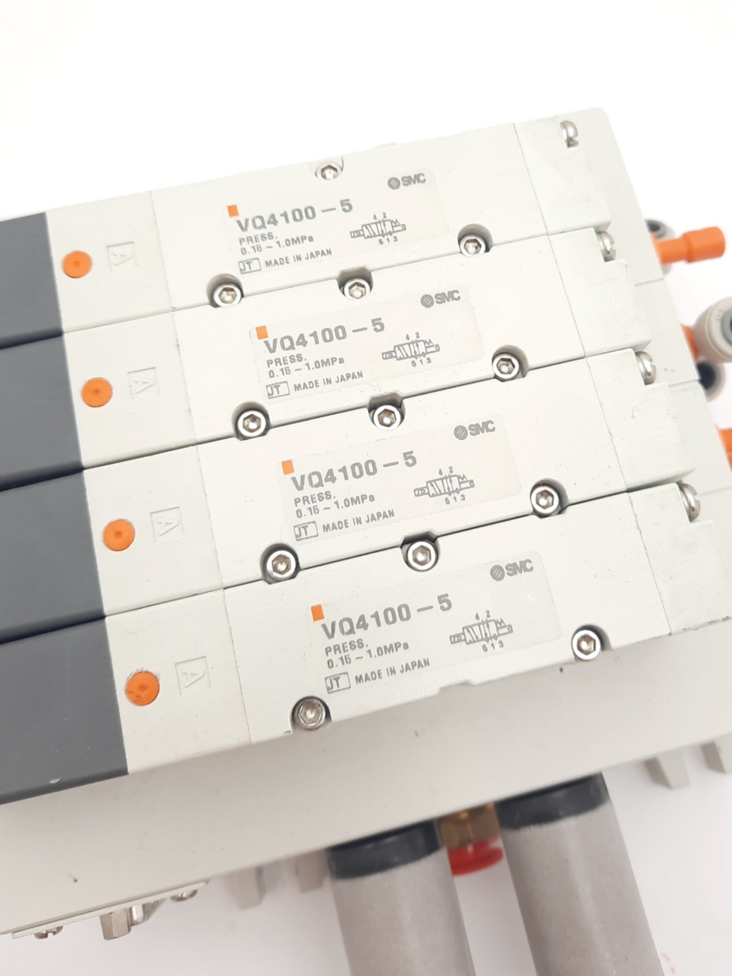 Used Bank of 4 SMC VQ4100-5 Solenoid Valves, 2-Position 5-Port, 24VDC