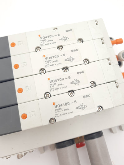 Used Bank of 4 SMC VQ4100-5 Solenoid Valves, 2-Position 5-Port, 24VDC
