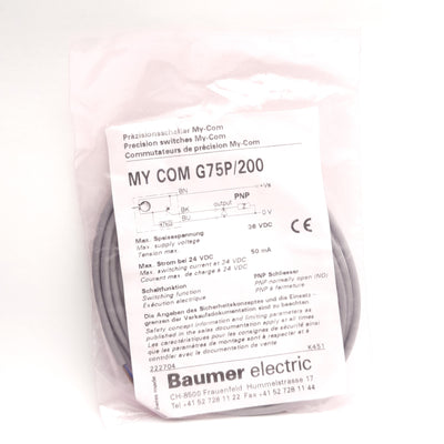 New Baumer MY COM G75P/200 Precision Switch 75cN, 5-36V DC 50mA, N.O. PNP, 2m