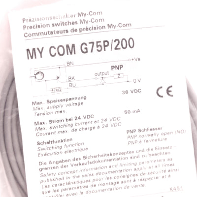 New Baumer MY COM G75P/200 Precision Switch 75cN, 5-36V DC 50mA, N.O. PNP, 2m