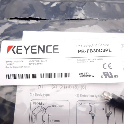 New Keyence PR-FB30C3PL Photoelectric Sensor, Flat Reflective, 30mm, 30VDC, 3-Pin M8