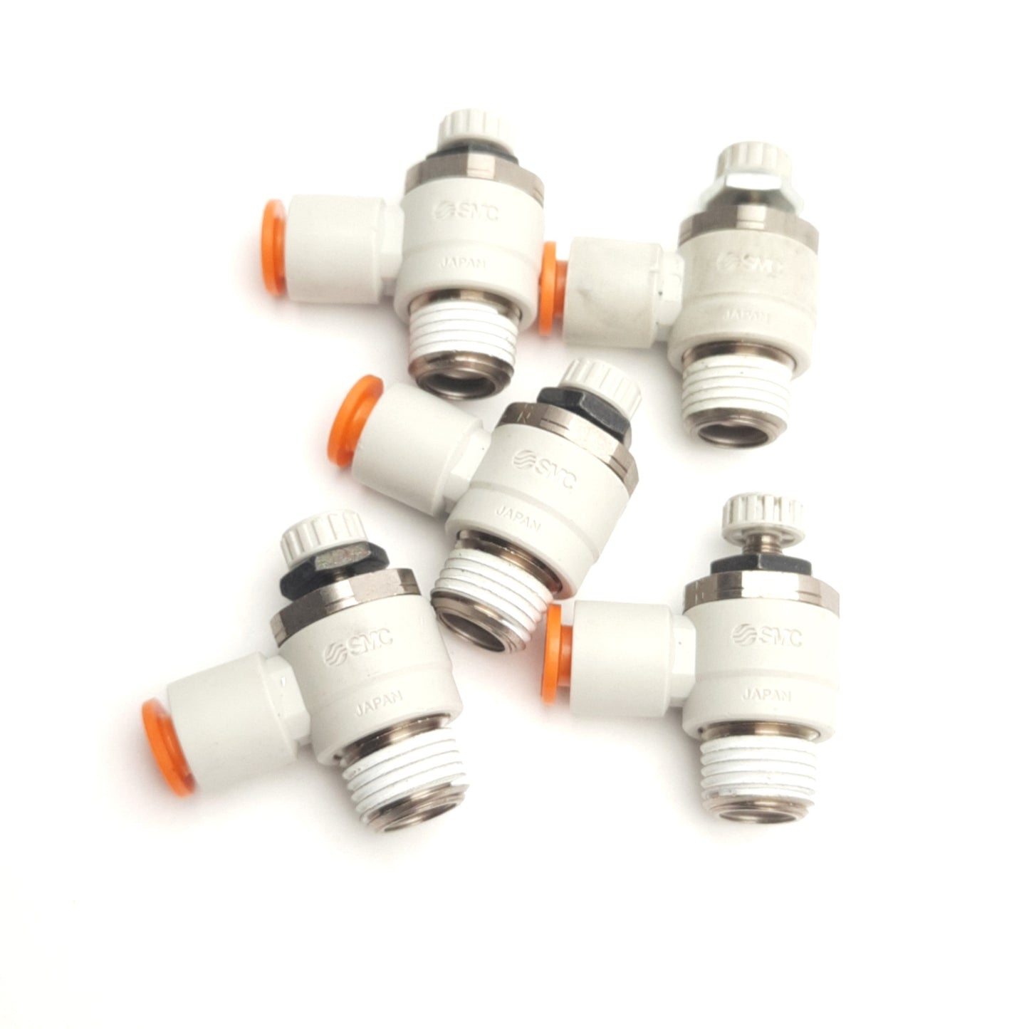 Used Lot of 5 SMC AS2211F-N02-07S Flow Control Fitting, 1/4" NPT, 1/4" P2C, 1 MPa Max