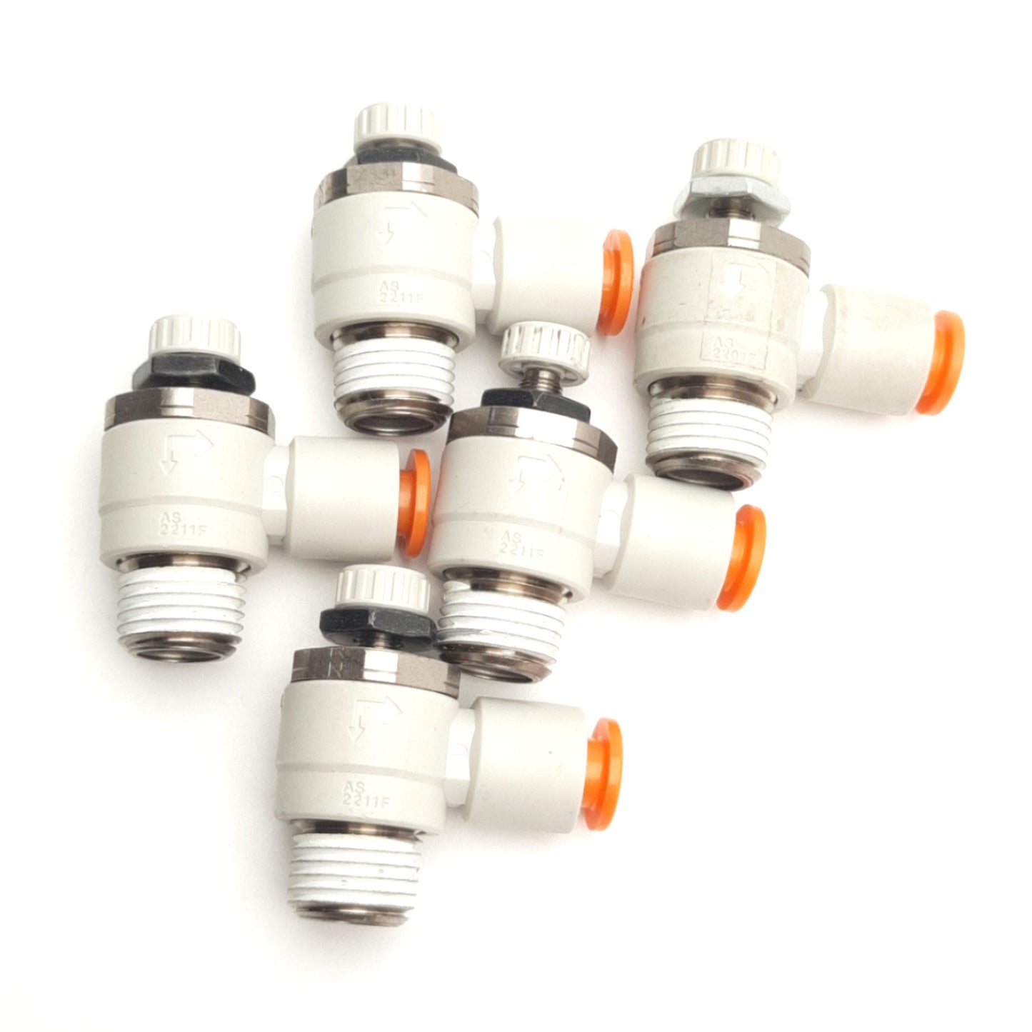 Used Lot of 5 SMC AS2211F-N02-07S Flow Control Fitting, 1/4" NPT, 1/4" P2C, 1 MPa Max