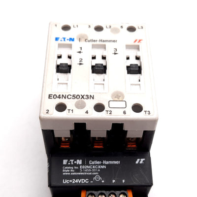 Used Eaton Cutler Hammer E04NC50X3N Contactor With E02NCXCXNN Coil, 24VDC, 600VAC 50A
