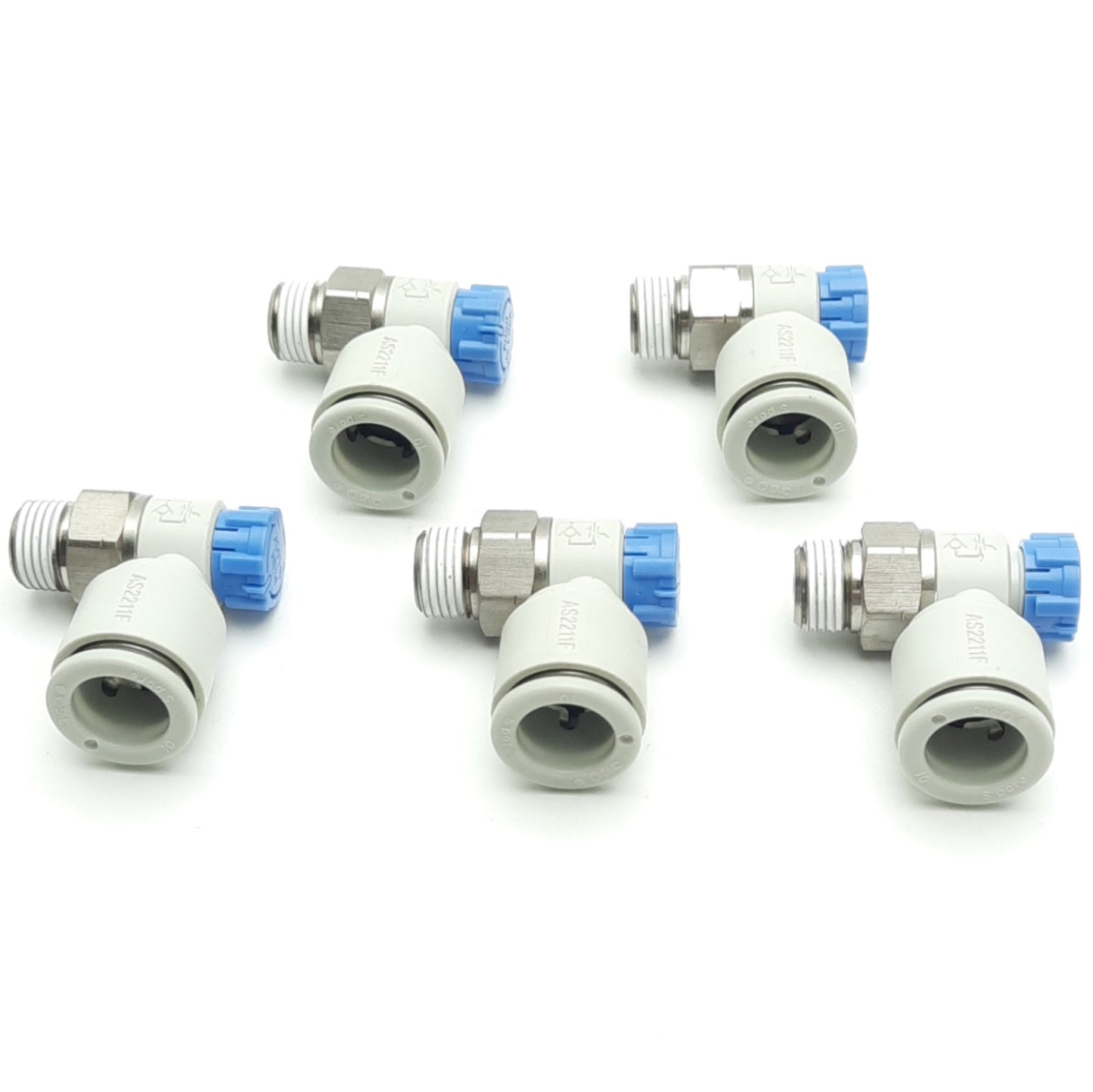 Used Lot of 5 SMC AS2211F-N01-10S Flow Control Fitting, 1/8" NPT, 10mm P2C, 1 MPa Max