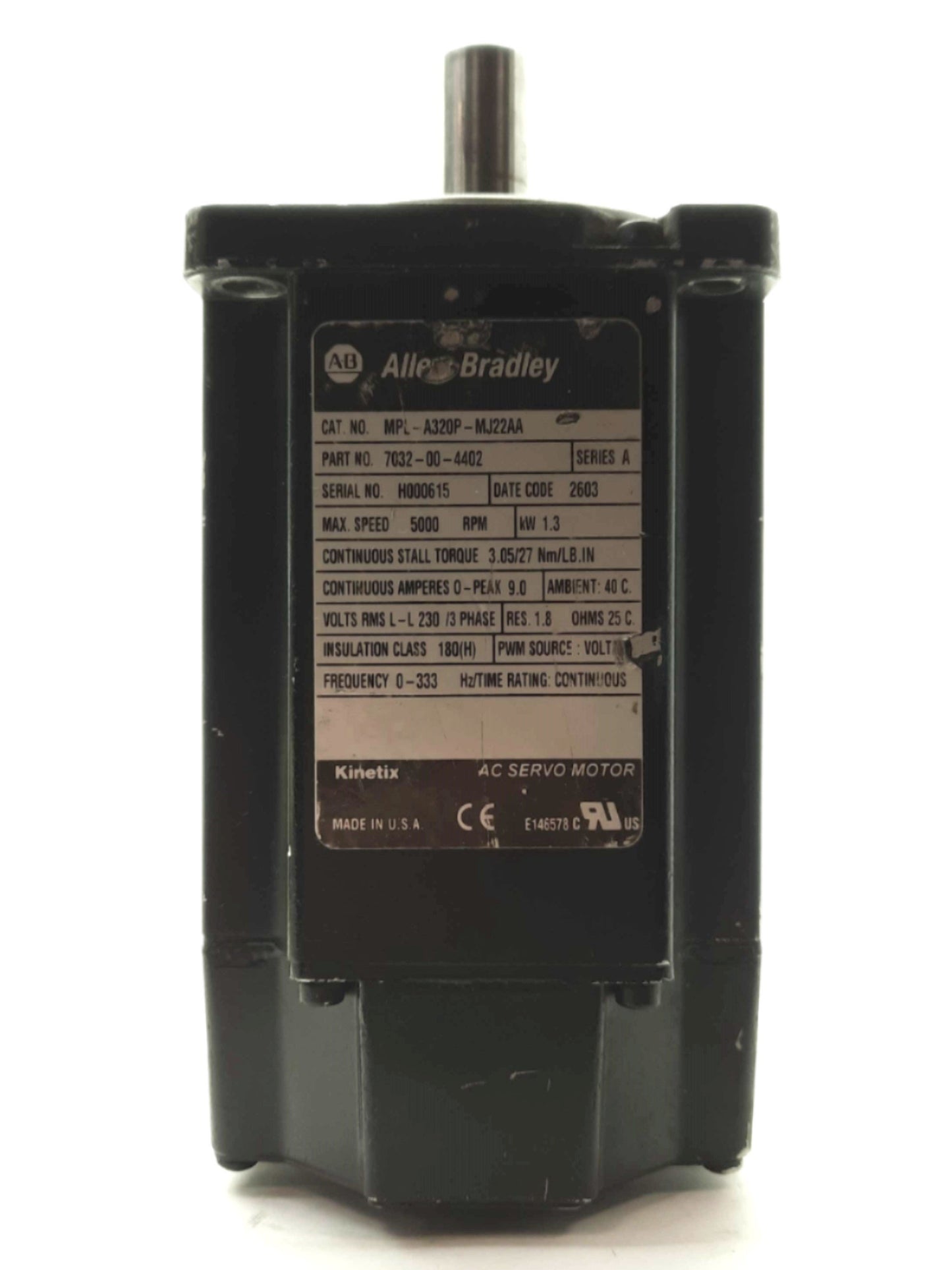 Used Allen Bradley MPL-A320P-MJ22AA Kinetix Servo Motor 1.3kW 5000RPM 3PH 230VAC 9A