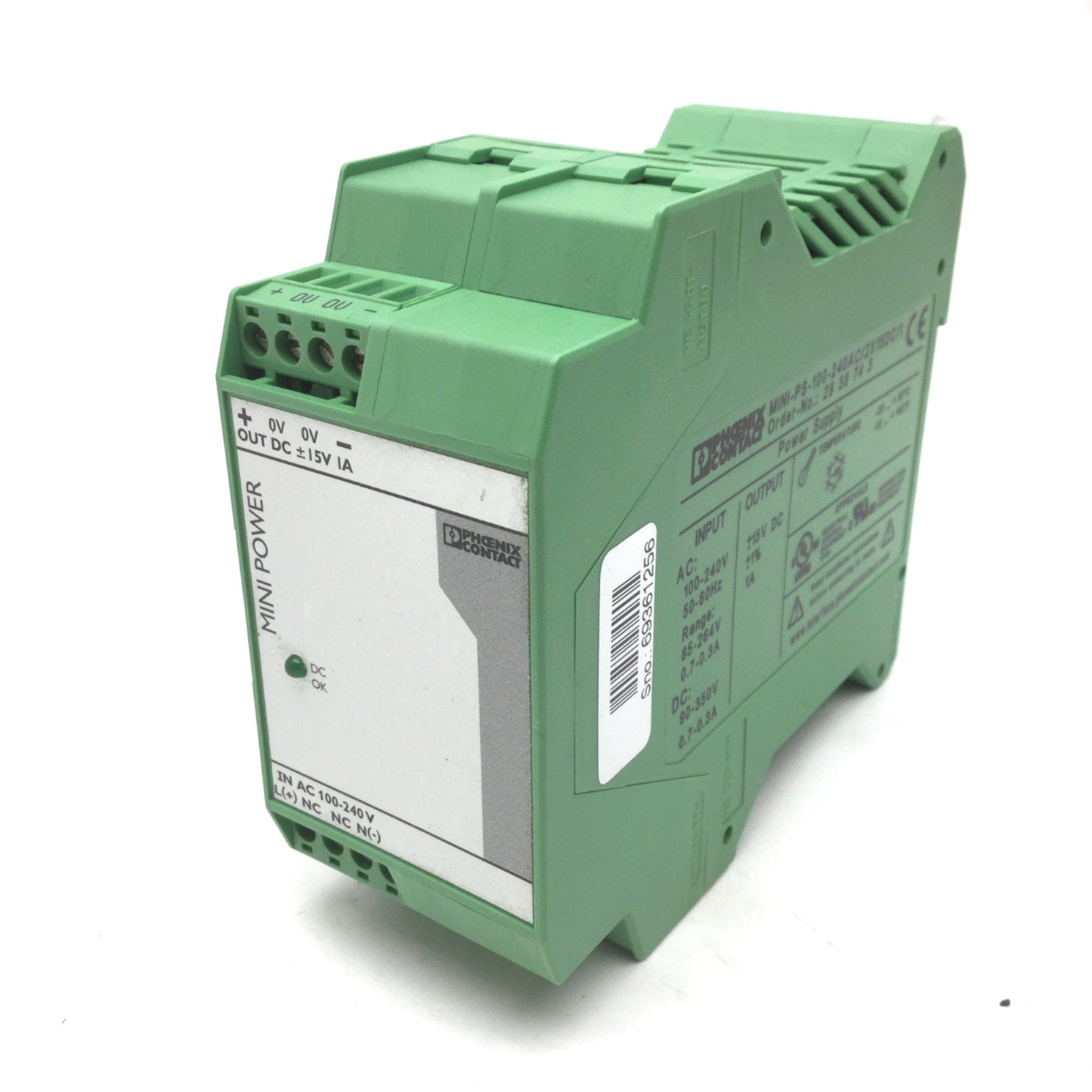 Used Phoenix Contact MINI-PS-100-240AC/2X15DC/1 Mini Power Supply, Out: +/-15VDC 1A