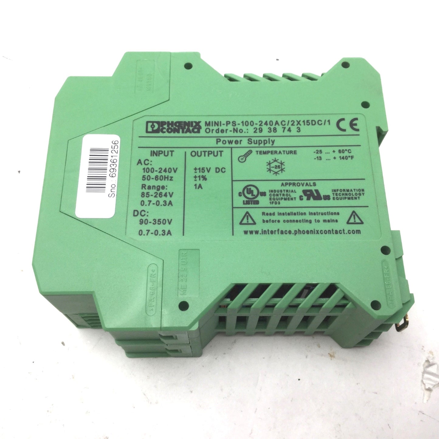 Used Phoenix Contact MINI-PS-100-240AC/2X15DC/1 Mini Power Supply, Out: +/-15VDC 1A