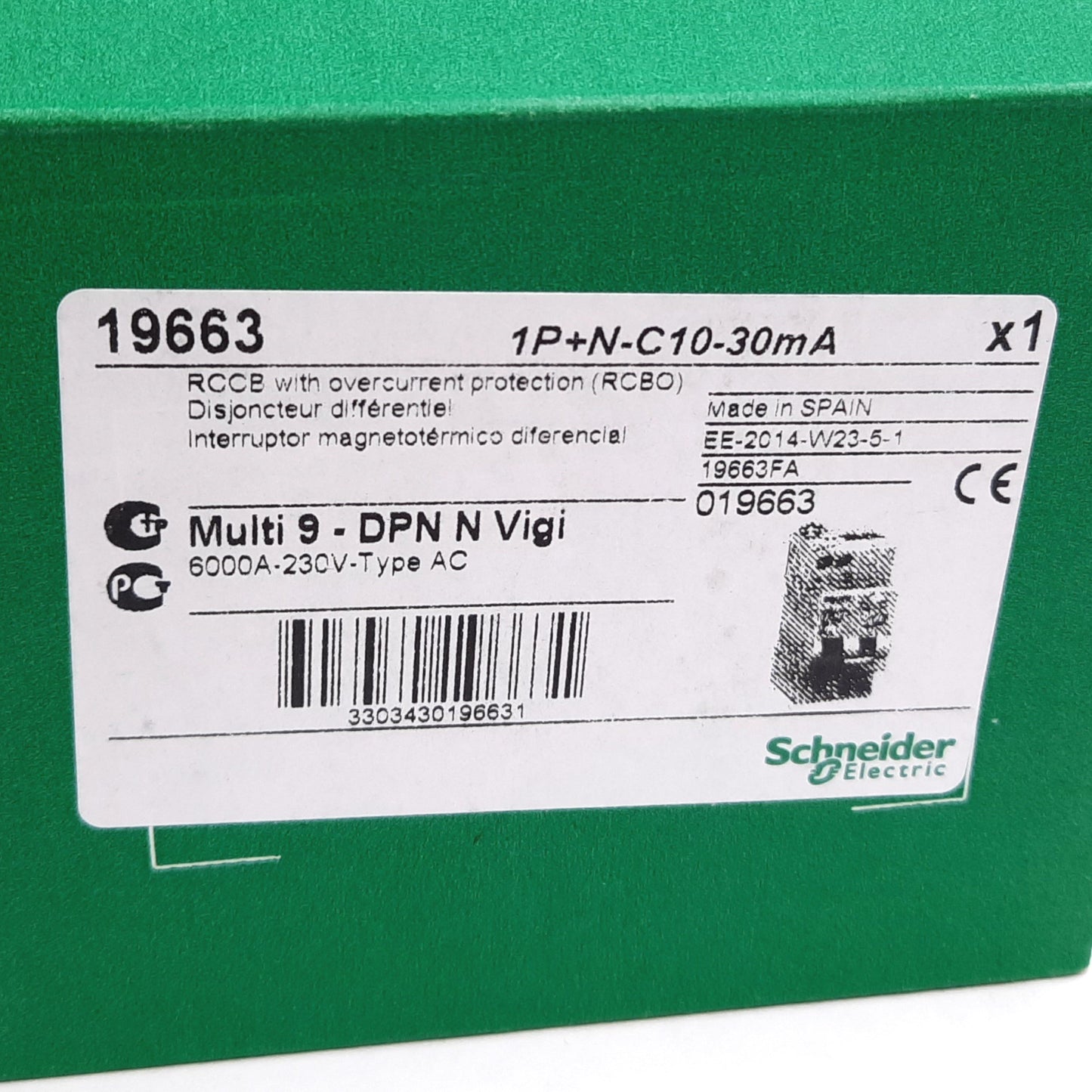 New Schneider Electric 19663 DPN N Vigi 1P+N-C10-30mA Circuit Breaker, 1-Pole, 10A