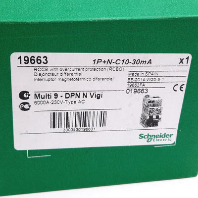 New Schneider Electric 19663 DPN N Vigi 1P+N-C10-30mA Circuit Breaker, 1-Pole, 10A