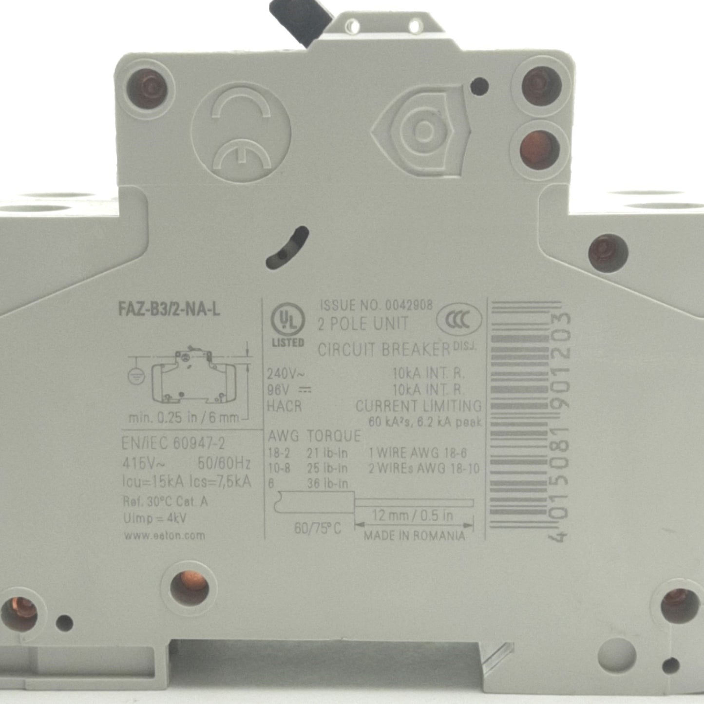 New – Open box Eaton Corp FAZ-B3/2-NA-L Mini Circuit Breaker, 2-Pole, 3A, 240VAC, Din-Rail