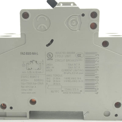 New – Open box Eaton Corp FAZ-B3/2-NA-L Mini Circuit Breaker, 2-Pole, 3A, 240VAC, Din-Rail