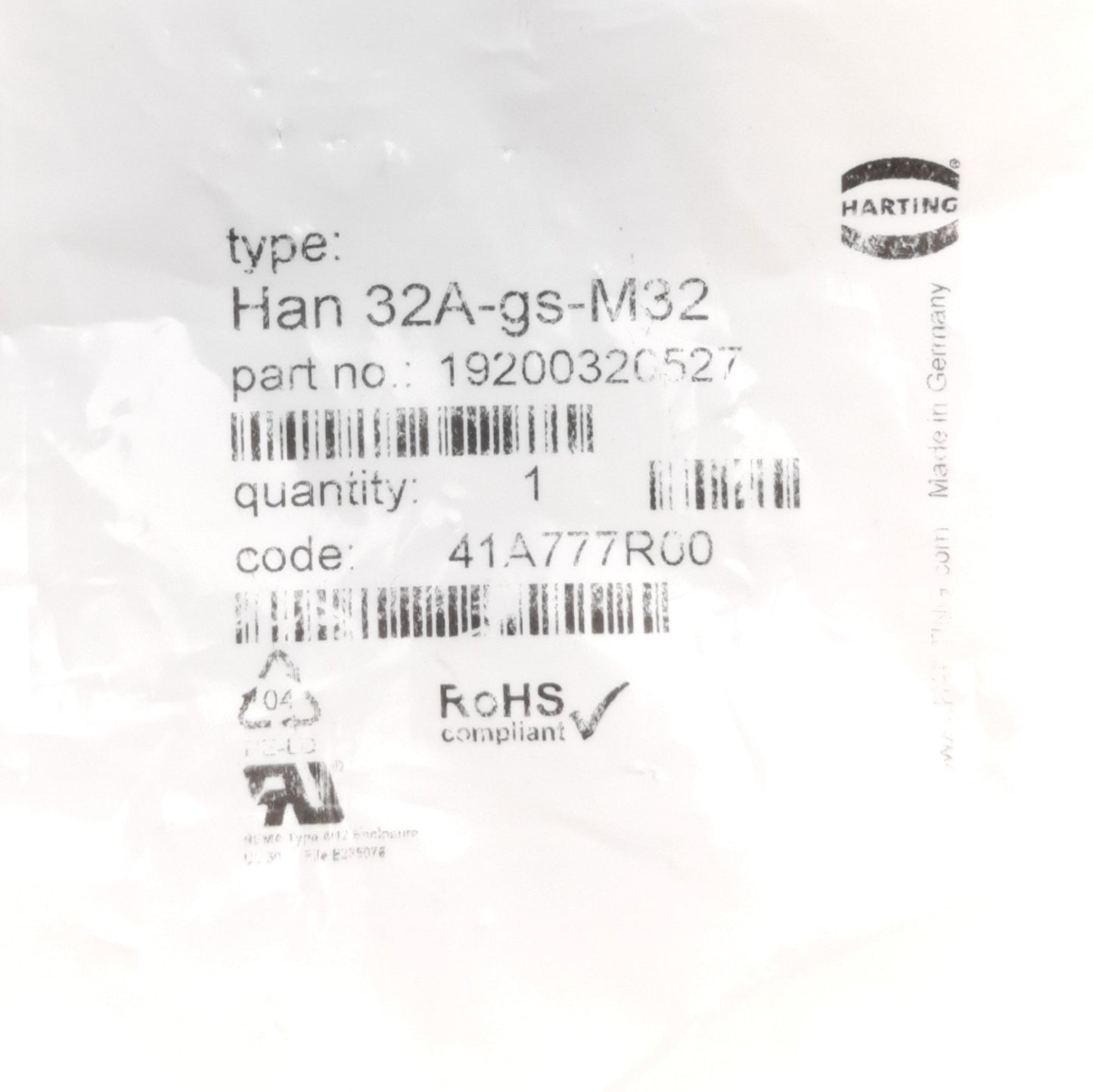 New – Open box Harting 19200320527 HAN 32A-GS-M32 Side Entry Hood/Housing Size:32B, M32