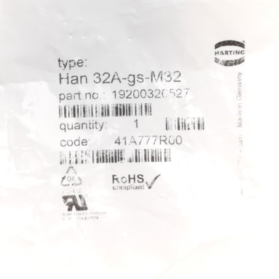New – Open box Harting 19200320527 HAN 32A-GS-M32 Side Entry Hood/Housing Size:32B, M32