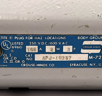 Used Arklite APJ10387-M72 Heavy Duty Plug, 100A, 250VDC/600VAC, 2-Wire 3-Pole, Nema 4