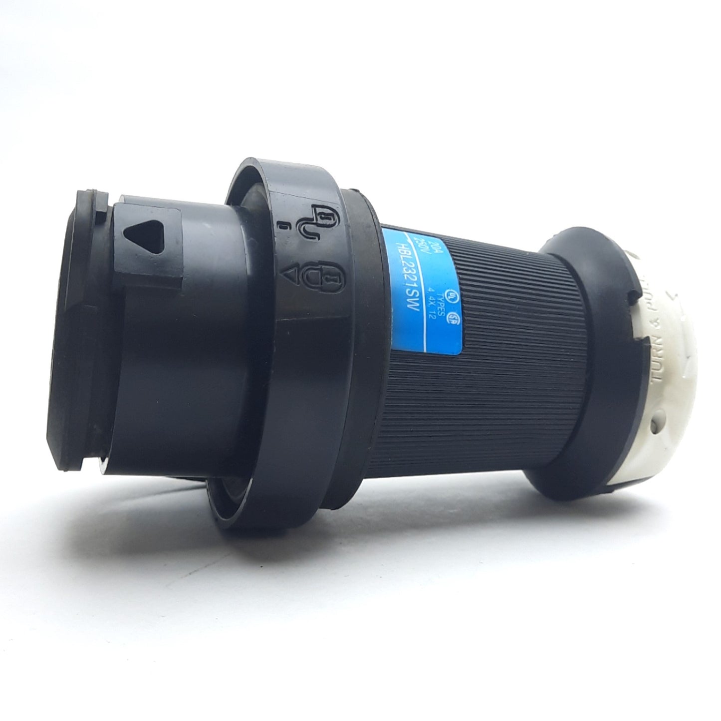 Used Hubbell HBL2321SW Twist-Lock Plug w/Watertight Shroud, 2-Pole 3-Wire, 20A 250VAC
