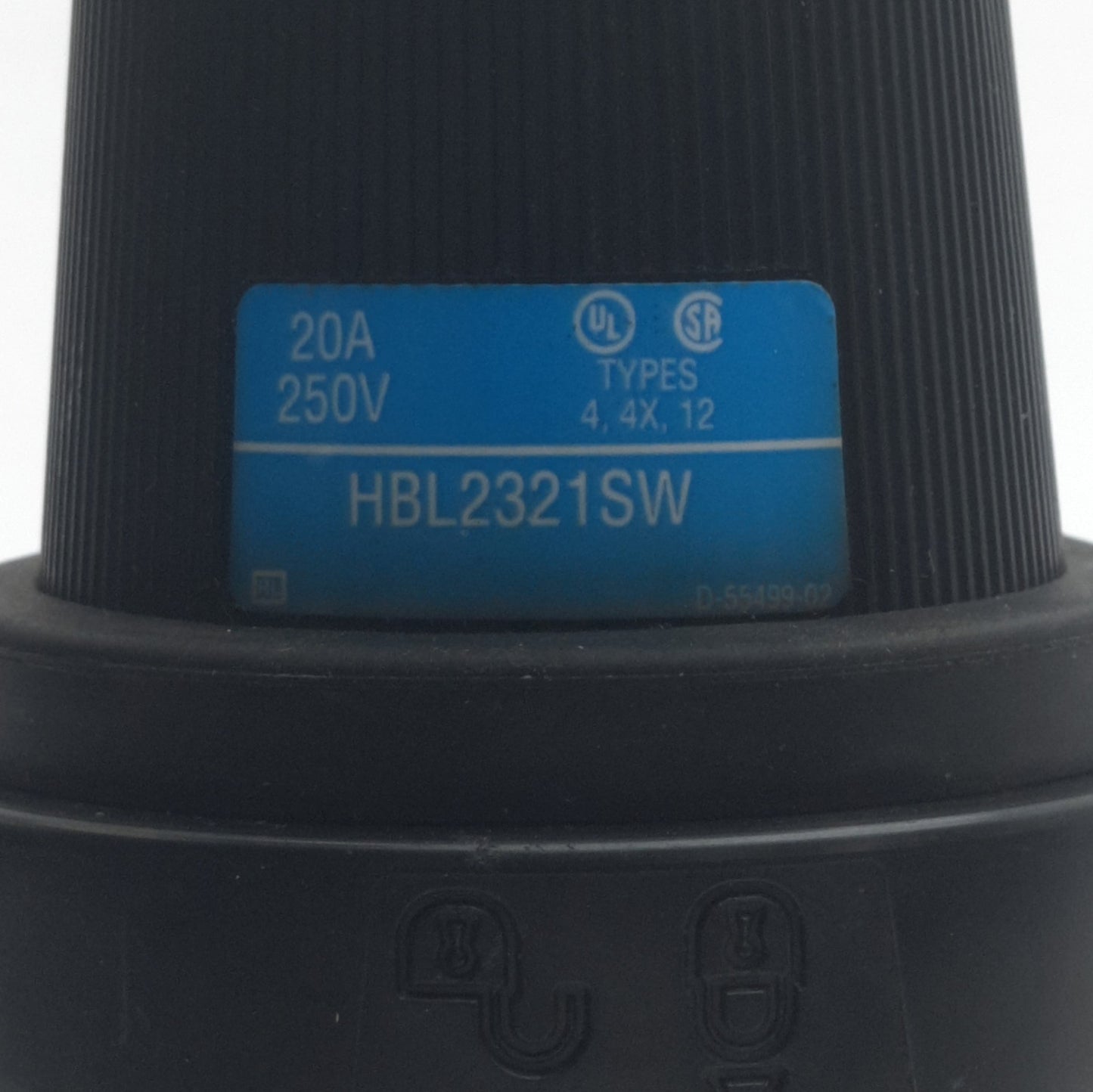 Used Hubbell HBL2321SW Twist-Lock Plug w/Watertight Shroud, 2-Pole 3-Wire, 20A 250VAC