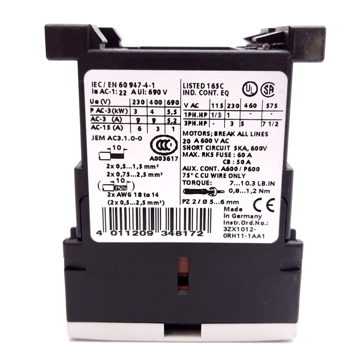Used Siemens 3RT1016-1AK61 Contactor, 3-Pole W/ N/O Aux, Coil: 110/120VAC, 600VAC 20A