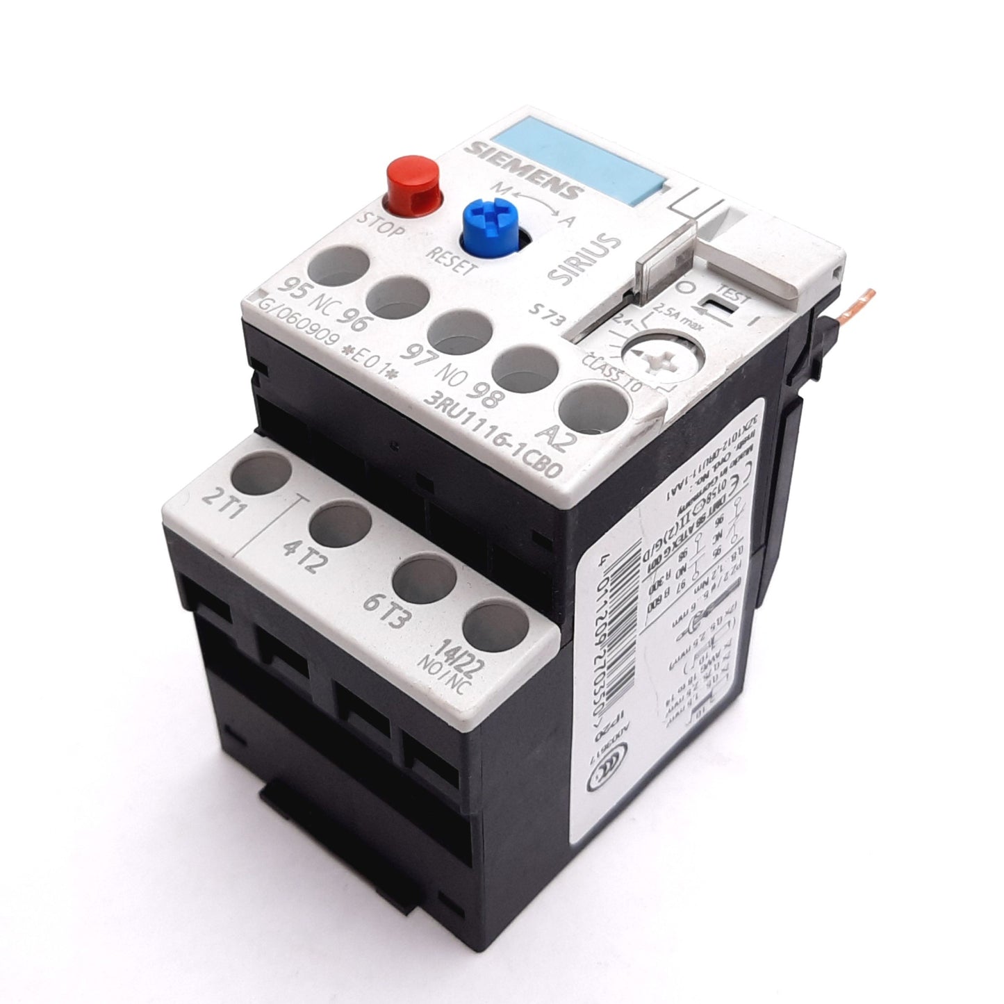 Used Siemens 3RU1116-1CB0 Overload Relay, 3-Pole N/C & N/O Aux, Range: 1.8-2.5A