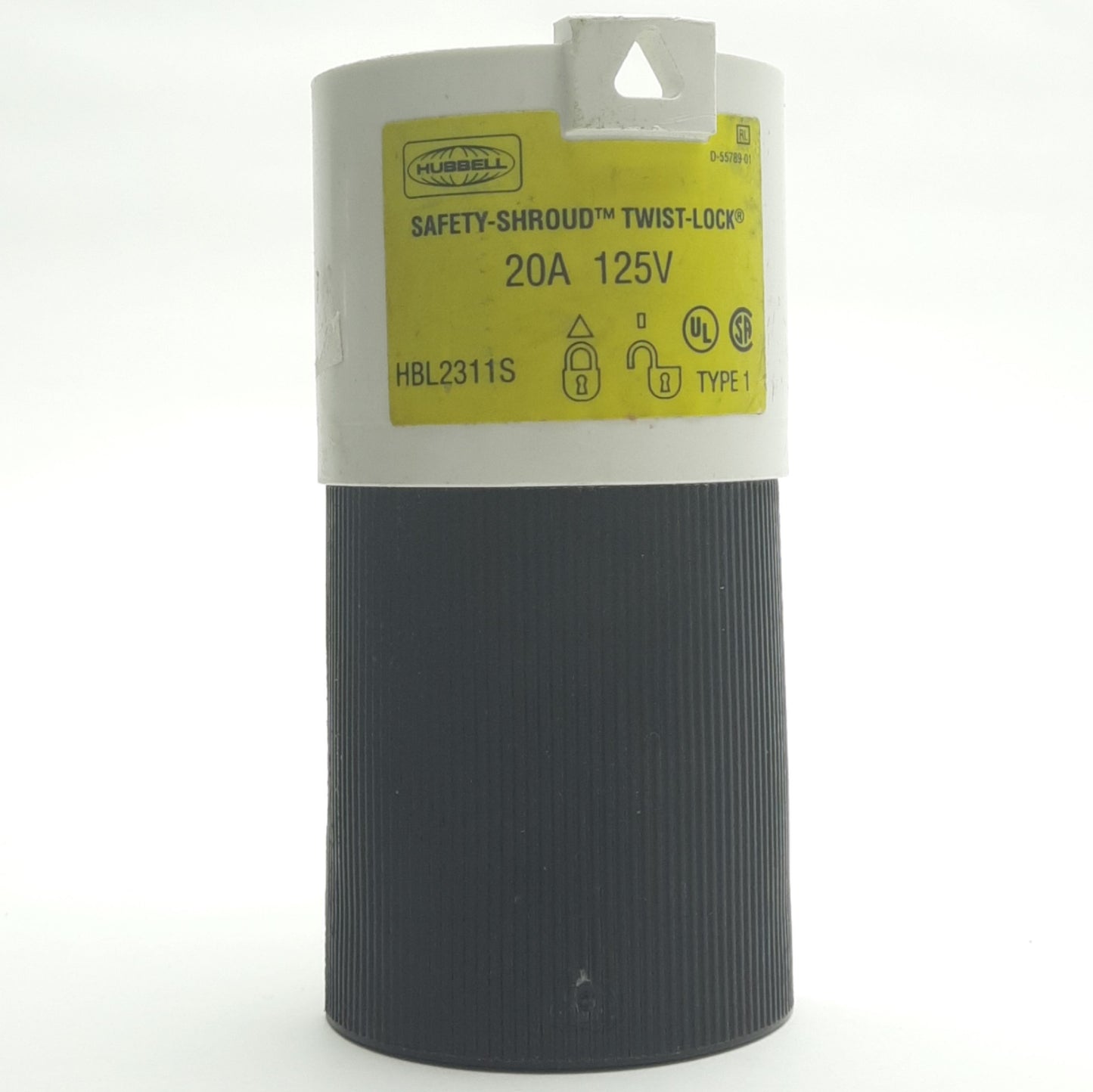 Used Hubbell HBL2311S Twist-Lock Plug w/ Safety Shroud, 2-Pole, 3-Wire, 125VAC, 20A